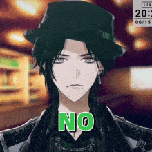 a man wearing a hat says no in green