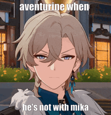 a video game character with a caption that says aventurine when he 's not with mika