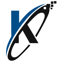 a blue and black logo with a letter k and a circle