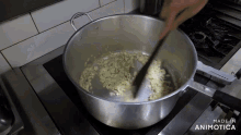 a pot of food is being stirred with a wooden spoon and the words made in animotica are visible on the stove