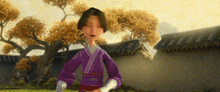 a cartoon girl in a purple kimono is standing in front of a building .
