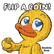 a cartoon of a duck holding a coin with the caption flip a coin
