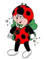 a cartoon ladybug with a green wing and a green bow