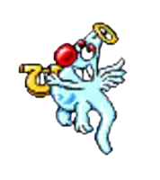 a pixel art drawing of a ghost with wings holding a key with the number 2 on it