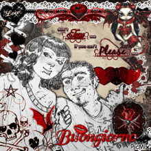 a black and white drawing of a man and woman with the words buongiorno on the bottom right