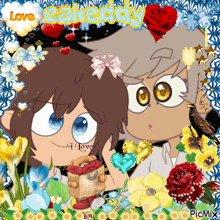 a picture of a boy and a girl with the words " love " written above them