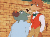 two cartoon characters are standing next to each other and one has a pipe in its mouth
