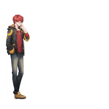 a man with red hair and a black jacket is standing in a rectangle