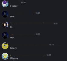 a screenshot of a text message with the words finger me in my booty and please at the top