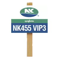 a sign for syngenta nk455 vip3 is on a wooden post