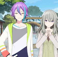 a boy with purple hair stands next to a girl