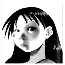 a black and white drawing of a girl with long hair and a black spot on her face .