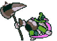 a pixel art drawing of a cartoon character holding a cane