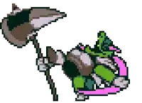 a pixel art drawing of a cartoon character holding a cane