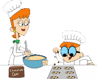 a cartoon of a woman and a boy preparing cookies .