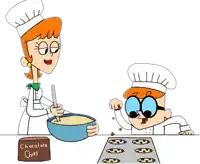 a cartoon of a woman and a boy preparing cookies .