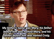 a man wearing glasses is talking about his father 's name mary