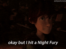 a close up of a person with the words " okay but i hit a night fury "