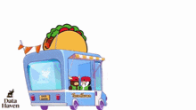 a cartoon drawing of a taco truck with two penguins inside