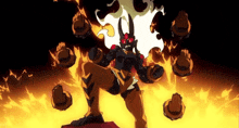 a cartoon character is surrounded by flames and looks like a demon