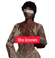 a woman in a white dress has a red sign that says she knows