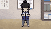 a cartoon of a girl standing in front of a wall with chinese writing