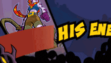 a cartoon of a man standing on a podium with the words " his enemy " below him