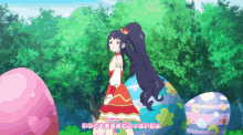 a girl in a red dress is surrounded by easter eggs and trees