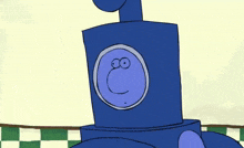 a blue cartoon character with a smiley face on his face