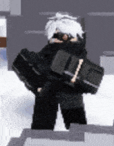a cartoon character is standing in the snow holding a gun and a shield .