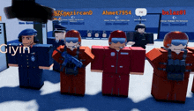 a group of soldiers are standing next to each other and their names are displayed on a screen
