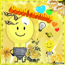 a picture of a light bulb with flowers and butterflies says good morning