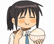 a cartoon drawing of a girl eating rice with chopsticks from a bowl