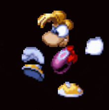 a pixel art of a cartoon character with a purple item in his mouth