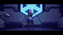 a person with a mask on holding a gun in front of a sign that has the letter s on it
