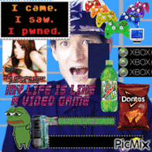 a picture of a man surrounded by video game controllers and chips with the words " i came i saw i pwned "