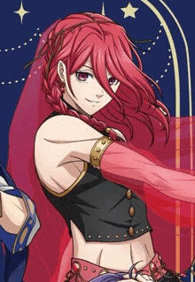 a girl with red hair is wearing a black top and red gloves and is dancing .