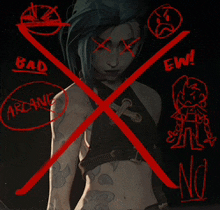 a drawing of a girl with a red x crossing out the words bad and arcane