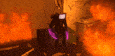 a person with a tv head is sitting on a trunk in front of flames