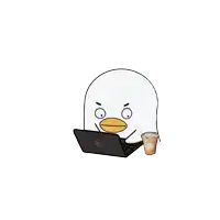 a cartoon duck sits in front of a dell laptop and a cup of coffee