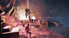 a video game is being played in a dark cave with a red light coming out of the ceiling