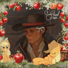 a picture of a cowboy surrounded by apples with the words good night