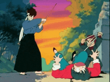 a cartoon of a man holding a sword and another man laying on the ground holding a rope