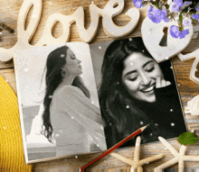 a black and white photo of a woman with the word love behind it