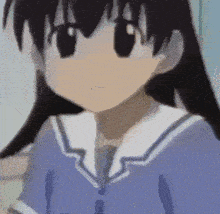 a girl with long black hair is wearing a blue sailor uniform