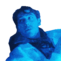 a man in a blue jacket is looking up