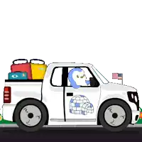 a cartoon drawing of a white truck with a penguin in the back