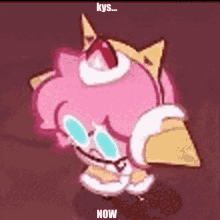 a cartoon character with a strawberry on top of her head and the words " kys ... now " on the bottom .