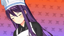 a girl with purple hair wearing a chef 's hat