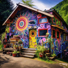 a colorful house with a sun painted on the front of it